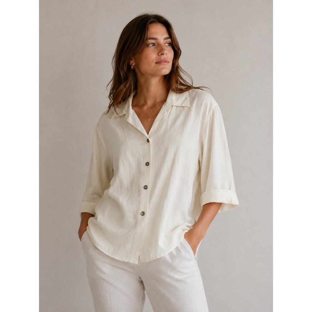 East 5th Ivory Linen Blend Button Front Blouse Large Coastal Grandmother - Picture 1 of 8